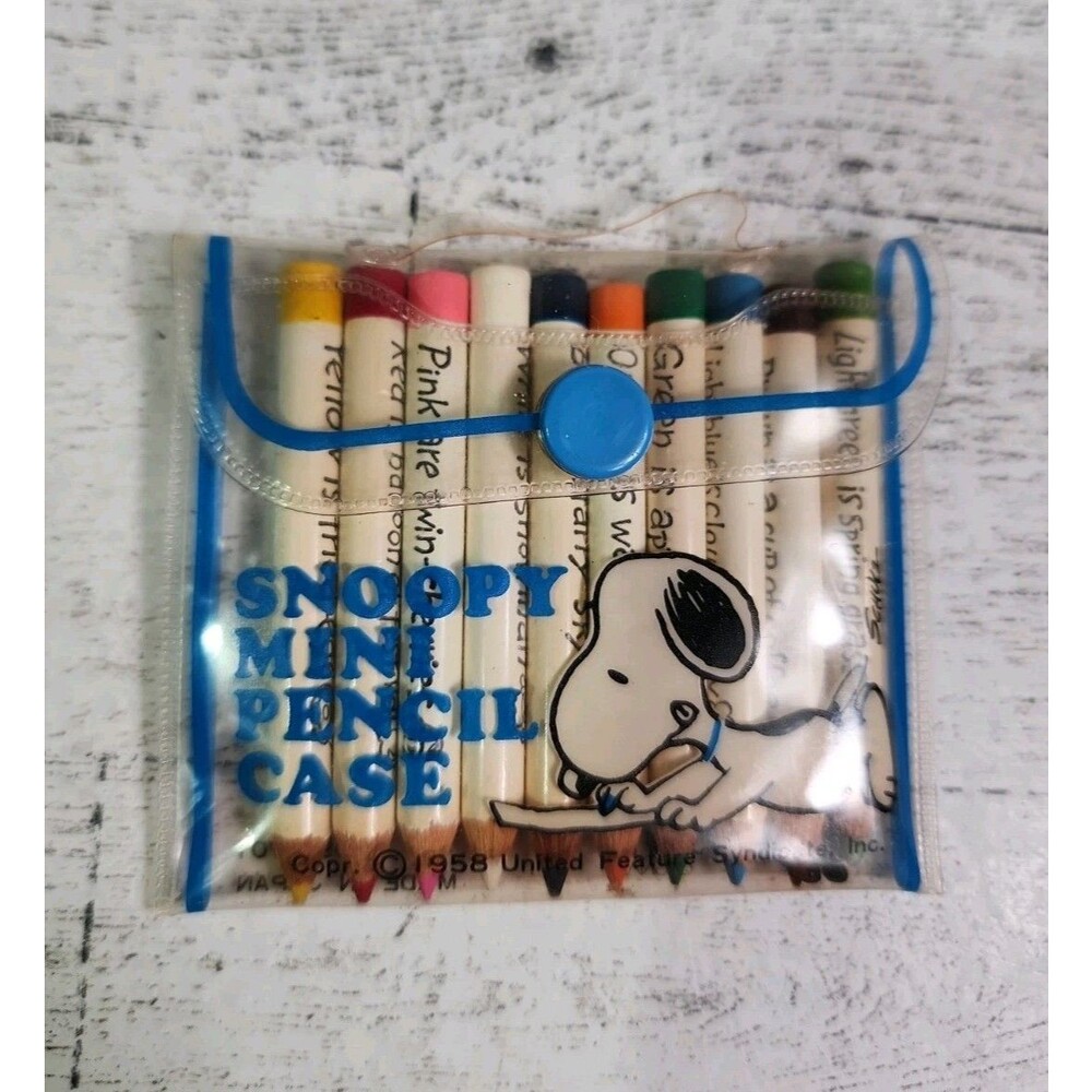 1965 Snoopy Mini Pencil Blue Case Set Of 10 Colored Pencils Butterfly Peanuts